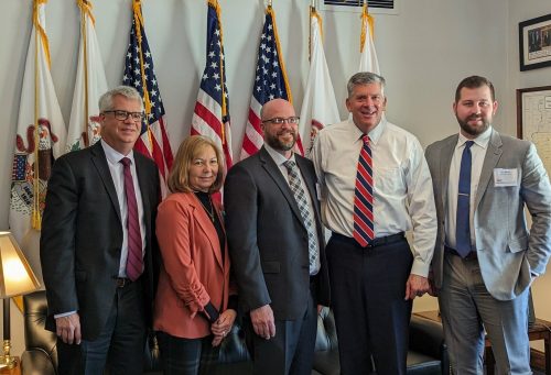 McLean County Farm Bureau advisory board member, Alex Rhoda (right),  met with Congressman Darin LaHood (second from the right), during the recent Illinois Farm Bureau Leaders to DC program. From left: Adam Nielsen, Illinois Farm Bureau staff; Tammy Halterman, IFB District 5 director; and Steven Nightingale, Henry County Farm Bureau also participated in the discussion.