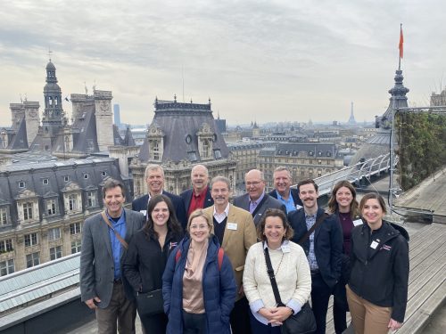 Illinois Farm Bureau Market Study Tour visited a rooftop urban farm in Paris as part of their tour to explore trade issues and opportunities in the EU. McLean County Farm Bureau member Kristen Faucon (front row, second from the left) participated in the trip.