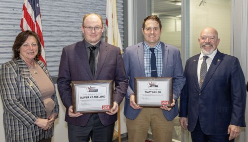 McLean County Farm Bureau members Oliver Kragelund and Matt Miller completed the 2026 ALOT program.  IFB Board members Lu Ann Matejcak (left) and Steve Koeller (right) presented their certificates.