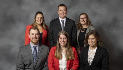 The 2023 Illinois Farm Bureau Young Leader Executive Team. Top row, from left: Sadie Asher, Henry County;, Kody Bowman, McDonough County; and Rachel Fulton,McLean County. Bottom row, from left: Josh Reinhardt, Randolph County; Jenna Severs, Vermilion County; and Carolyn Brummel, Kane County.